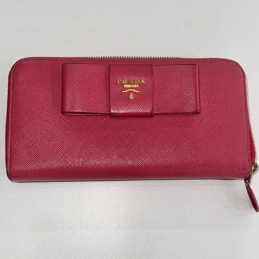 Prada Pink Saffiano Leather Wallet with Bow Detail